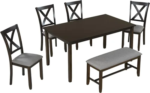 Vista 8 de LUMISOL Juego de mesa de comedor de 6 piezas, mesa de comedor rectangular de 60 pulgadas con sillas tapizadas y banco, juego de mesa de cocina