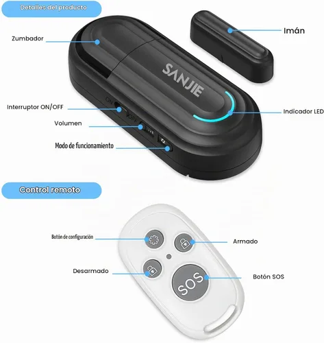 Vista 9 de Alarmas para puerta de piscina para seguridad del hogar, volumen de 0 a 120 dB ajustable con 4 modos, alarma de puerta inalámbrica con control Negro