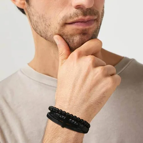 Vista 4 de TempBeau Pulsera de cuero con cruz para papá, envía caja de regalo, pulsera de graduación con grabado a mi hijo, pulseras de cuentas naturales