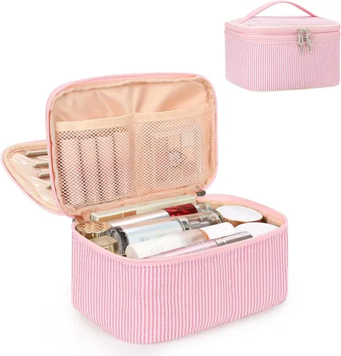 Vista 16 de Relavel Bolsa de maquillaje pequeña para mujer y niña, bolsa de maquillaje y brochas portátil de 2 capas, organizador de brochas de regalo de Navidad