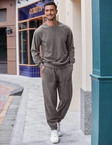 Vista 4 de COOFANDY Conjunto deportivo de 2 piezas para hombre, sudadera de manga larga, sin botones, para deportes, casual, fitness, trotar
