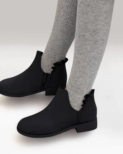 Vista 2 de FISACE Botines con volantes para niñas, con corte en V, tacón bajo grueso, botines occidentales elegantes