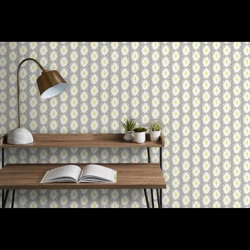 Vista 9 de Papel tapiz de grado comercial - Sueño de madera flotante gris tribal escandanavo bloque estampado Ikat enrejado gris mediados de siglo moderno