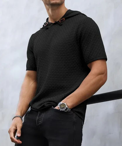 Vista 2 de Zaitun Sudadera con capucha de manga corta para hombre, suéter casual de punto gofre