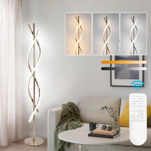 Vista 10 de Lámpara de pie LED en espiral para sala de estar, lámparas de pie modernas de 40 W con control remoto, 3 colores sin escalones, regulable, lámpara