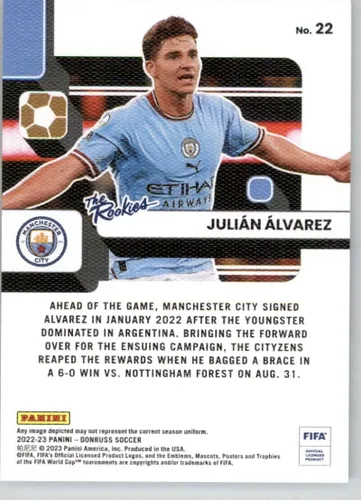 Vista 2 de 2022-23 Donruss FIFA Soccer The Rookies #22 Julian Alvarez Manchester City Official Panini Trading Card