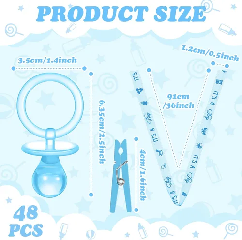 Vista 3 de Coume Juego de 48 chupetes para baby shower, collar con mini alfileres de ropa de acrílico, chupete a granel para recién nacidos, regalos de fiesta