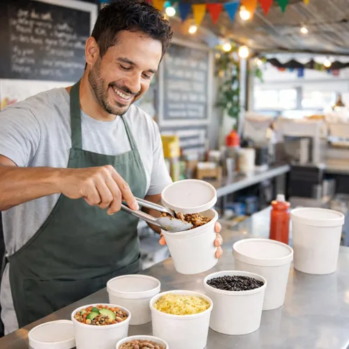 Vista 6 de Cuencos de sopa de papel kraft reciclables ecológicos Vasos desechables blancos con tapas Contenedor – Tazas de sopa ideales para restaurantes