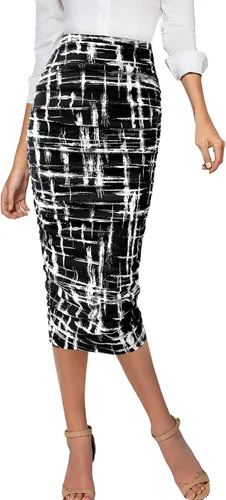 Vista 2 de VFSHOW Falda de cintura alta con volantes fruncidos para mujer, estilo casual, para oficina, fiesta, ajustada, entallada, a media pantorrilla