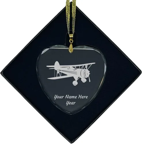 Vista 8 de LaserGram Adorno de Navidad de vidrio personalizado, biplano, idea de regalo grabada con láser personalizada (forma de diamante)