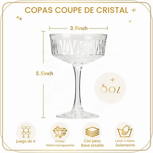 Vista 2 de VIMERPA Copas de Cupé, Juego de 4 Copas de Martini, Copas de Champán Vintage, Copa de Martini Grande de 8oz, Copa de Cóctel de Estilo Retro