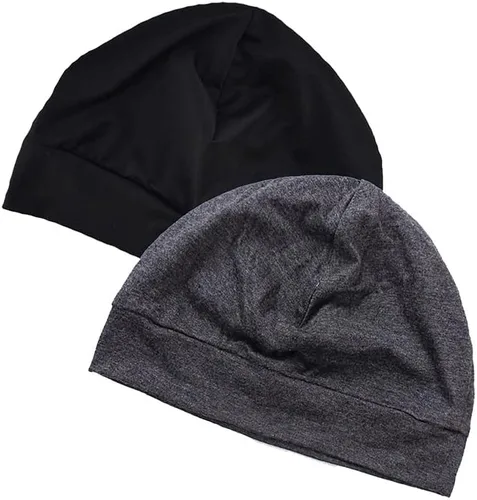 Vista 7 de Headshion Gorras de algodón con diseño de calavera para hombres y mujeres, paquete de 2 gorros ligeros para dormir, transpirables, forro para casco