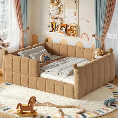 Vista 14 de Bellemave Cama Montessori tapizada de vellón de peluche de tamaño matrimonial con valla, marco de cama infantil de perfil bajo con barandillas