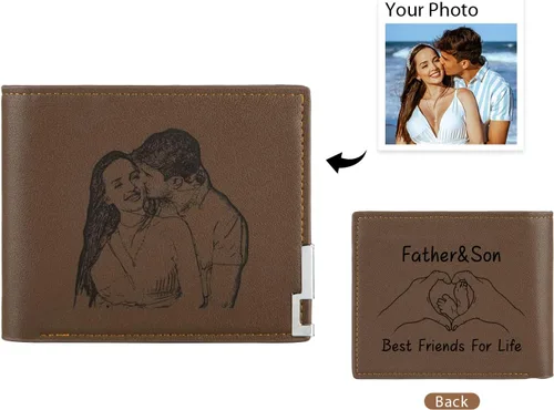 Vista 33 de Carteras personalizadas para hombres, cartera personalizada para hombre con imagen grabada y nombre, billetera delgada de cuero plegable, regalos
