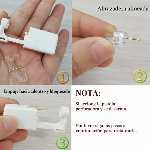 Vista 5 de Kit desechable de perforación de nariz con aros de nariz, kit de piercing para la nariz en casa, Acero inoxidable, Circonita cúbica Dorado-1P