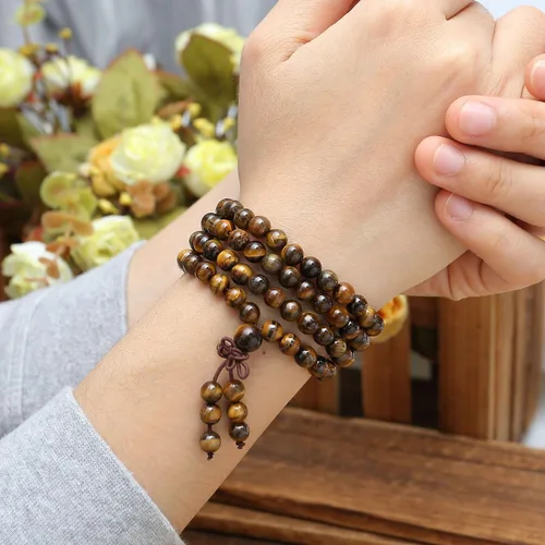 Vista 13 de Jovivi Collar tibetano de 0.236 in 0.315 in, 108 cuentas de piedras preciosas naturales de ojo de tigre de oración Mala