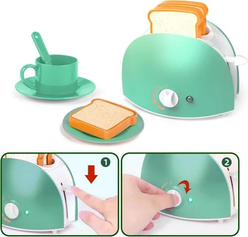 Vista 6 de Yalujumb Juego de juguetes de cocina, juego de electrodomésticos de cocina con cafetera, mezclador, tostadora con luces y sonidos realistas, regalo