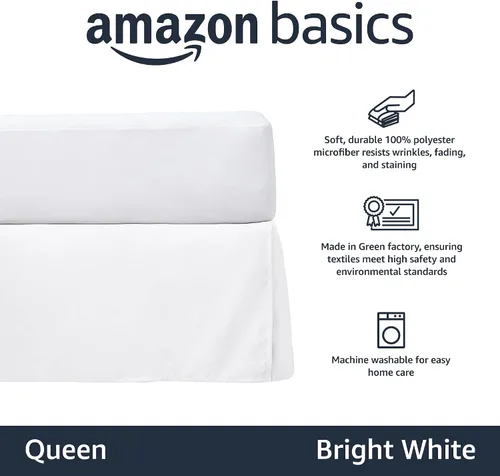 Vista 2 de Amazon Basics Falda de cama plisada ligera, Queen, color blanco brillante, sólido