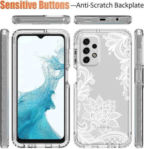 Vista 5 de Funda para Galaxy A23, Samsung A23 SM-A235M con protector de pantalla de vidrio templado, diseño floral a prueba de golpes, carcasa protectora