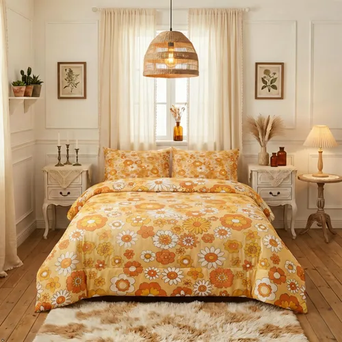 Vista 21 de Juego de ropa de cama con estampado floral bohemio, tamaño individual, diseño retro de flores groovy, 60S y 70S, juego de edredón de flores hippie