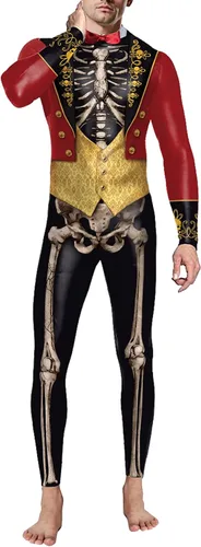 Vista 5 de Disfraz divertido de Halloween para hombre, diseño de esqueleto, overol para cosplay Negro y rojo