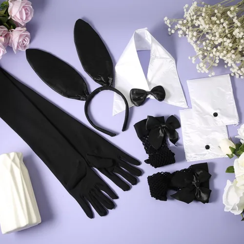 Vista 3 de LUTER 8 accesorios de disfraz de conejo para mujer, juego de disfraz de conejo, diadema de orejas de conejo, cuello de corbata con 2 puños, disfraz