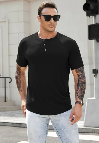 Vista 8 de JMIERR Camisas musculares ajustadas Henley con cuello redondo para hombre, camiseta larga para gimnasio, entrenamiento, atlética, con botón