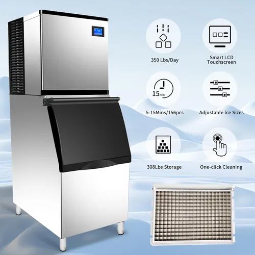 Vista 2 de Máquina comercial para hacer hielo de 350 libras/24 horas, contenedor de almacenamiento de 308 libras, 156 cubos de hielo transparentes en 8-15
