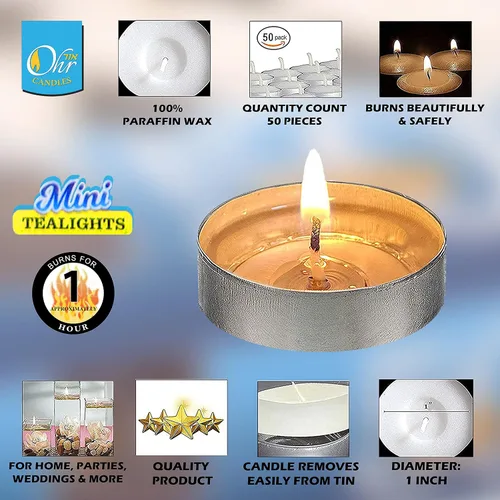 Vista 2 de OHR CANDLES Mini velas de té – Paquete de 50 velas de té a granel – Velas blancas sin perfume – 1 hora de tiempo de combustión