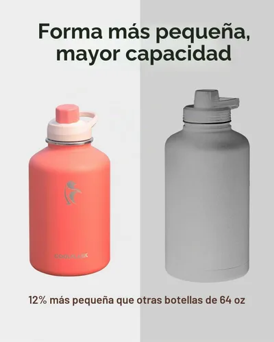 Vista 4 de Coolflask Botella de agua de 64 onzas aislada con funda de cuero PU, botella de agua de medio galón con contraste de color y tapa con popote, jarra