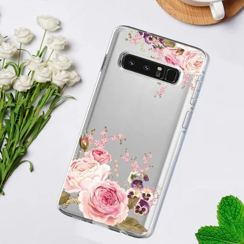 Vista 5 de Funda para Samsung Galaxy Note 8, flor de rosa transparente, parachoques flexible TPU cubierta de silicona de goma suave, protección a prueba