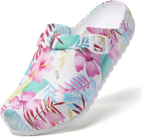 Vista 10 de Zuecos de enfermera estampados para mujer: zuecos de jardín sin cordones, impermeables, ligeros, duraderos, antideslizantes, cómodos para turnos