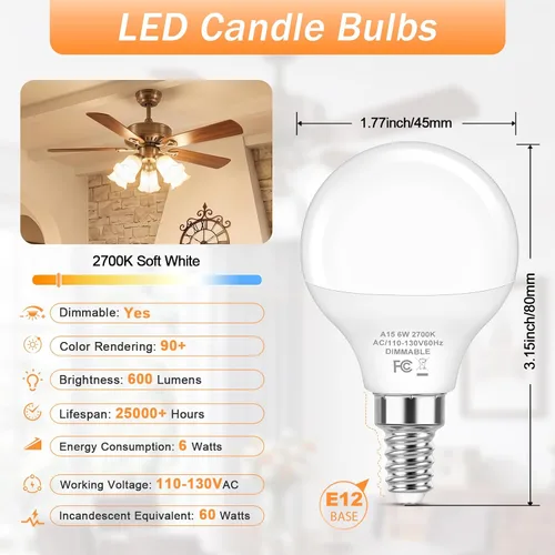 Vista 2 de Brightever Bombillas LED A15 E12 de 6 W regulables, equivalente a 60 W 2700K blanco cálido