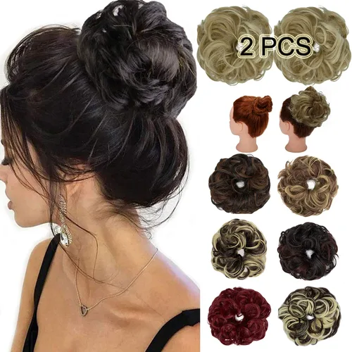 Vista 8 de Extensiones de moño de pelo desordenado, rizado, ondulado, desordenado, sintético, postizo de pelo para mujeres Mezcla de marrón negro y rubio