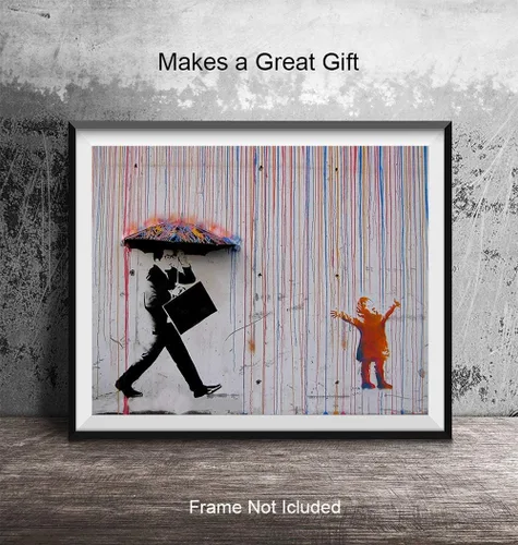 Vista 4 de Banksy Child in the Rain Graffiti Street Art - Imagen original de 8 x 10 pulgadas, regalo único y elegante para fanáticos de los murales urbanos