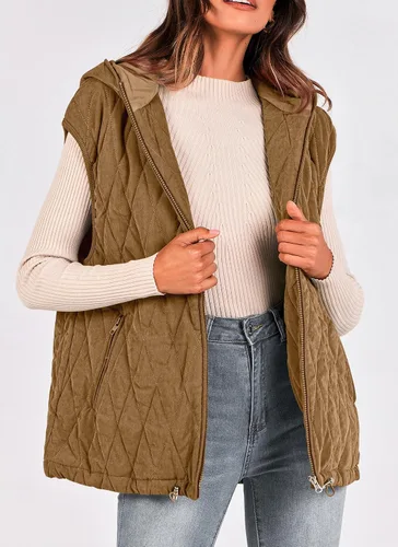 Vista 6 de PRETTYGARDEN Chaleco acolchado de otoño para mujer, casual, sin mangas, con capucha, con cremallera, abrigo de invierno