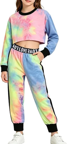 Vista 16 de Betusline - Conjunto de 2 piezas para niñas, ropa deportiva con sudadera y pantalones cortos, 4T-14 años Una flor de orilla naranja