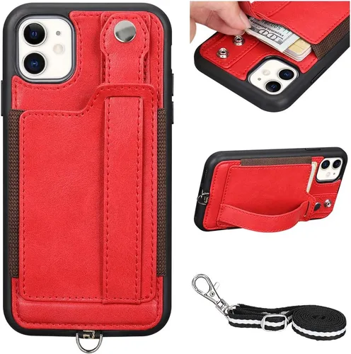 Vista 3 de TOOVREN Funda protectora para iPhone 11 con tarjetero de piel sintética, ajustable, desmontable, correa de soporte para iPhone 11 de 6.1 pulgadas