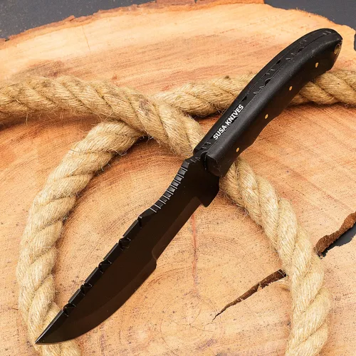 Vista 4 de Cuchillo de acero D2 hecho a mano - Cuchillo de supervivencia - Cuchillo de camping táctico para caza con funda, hoja fija, transporte horizontal