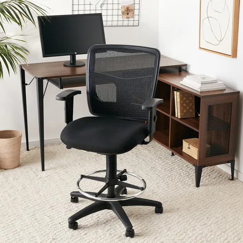 Vista 2 de Lorell Silla de oficina con taburete de trinquete, diseño ergonómico de respaldo medio con malla transpirable, asiento de tela acolchada, anillo