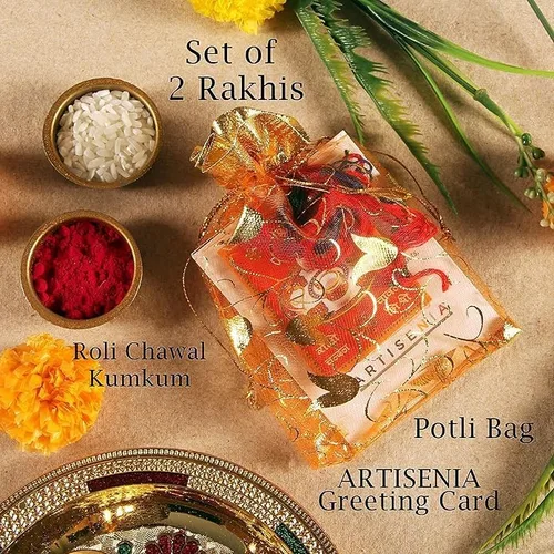 Vista 3 de Rakhi Juego de 2 Rakhi para hermano con tarjeta de felicitación Raksha Bandhan Roli Chawal Tika - Raksha Bandhan Designer Kundan Rakhi para hermano