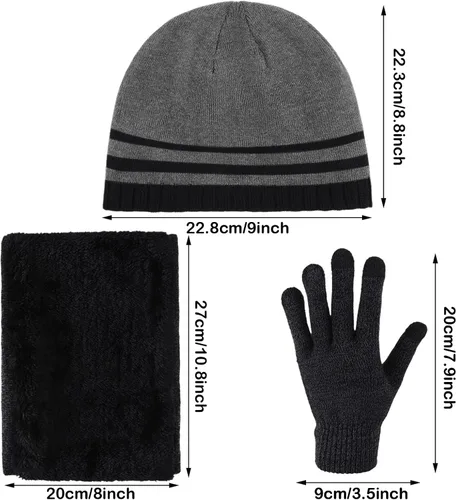 Vista 3 de Gorro de invierno para hombre, bufanda de punto cálida y guantes de pantalla táctil, 3 piezas