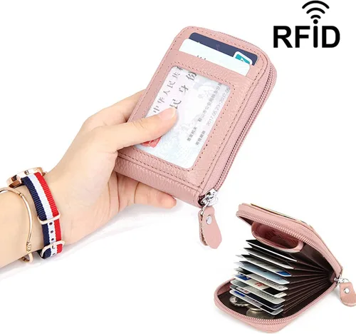 Vista 7 de WITATAOGE Tarjetero de cuero para mujer, pequeño estuche de bloqueo RFID de gran capacidad para tarjetas, Rosa Rojo, A la moda