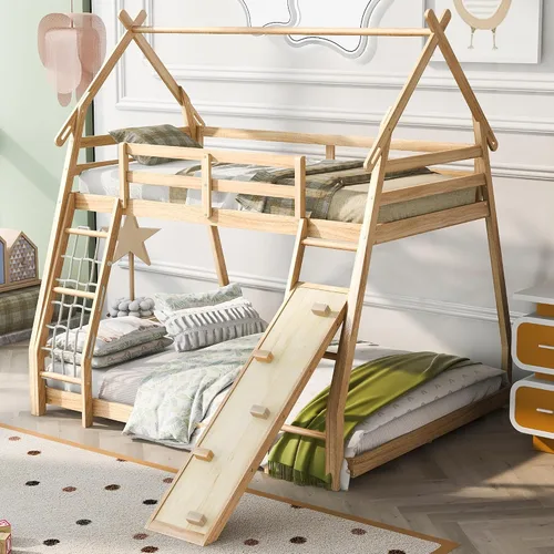 Vista 12 de Harper & Bright Designs - Litera de casa tamaño individual para niños con tobogán, marco de cama individual sobre individual, litera de madera