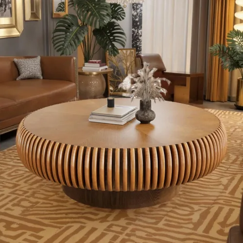 Vista 8 de Mesa de centro redonda de tambor estriado para sala de estar, mesas de centro modernas de mediados de siglo con pedestal resistente, mesa de té negro