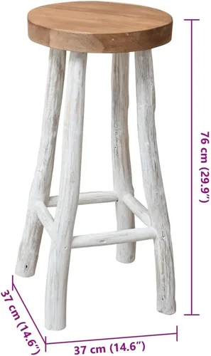 Vista 2 de Taburete de bar de madera maciza de teca, hecho a mano, marrón y blanco, 29.9 pulgadas de altura, diseño rústico, taburete de madera para cocina