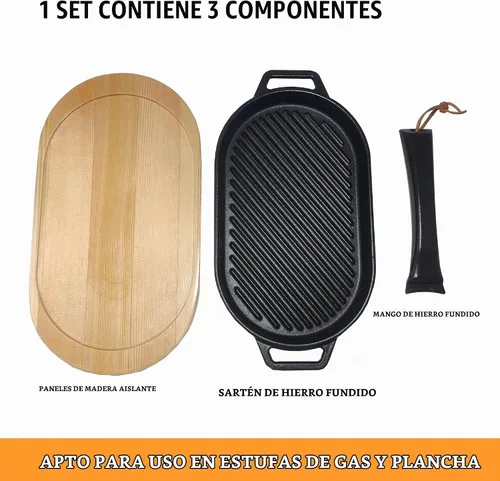 Vista 4 de JIN BETTER GRILL PARTS Nueva sartén con cojín de madera aislado y mango extraíble compatible con estufas de gas y parrillas