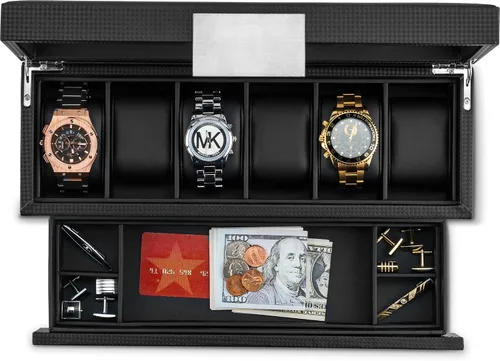 Vista 3 de Caja de reloj con cajón de Valet para hombre - organizador de exhibición de la caja de reloj de lujo de 6 ranuras, diseño de fibra de carbón