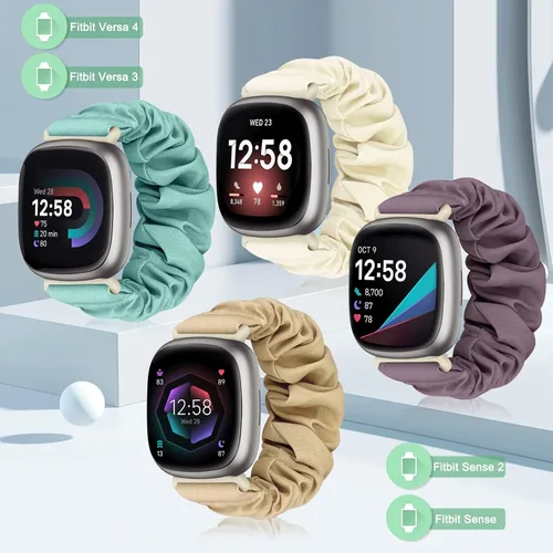 Vista 2 de Bandas elásticas compatibles con Fitbit Sense/Sense 2/Versa 3 / Versa 4 para mujer, paquete de 4 correas elásticas de repuesto de nailon elástico