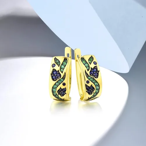 Vista 4 de Santuzza Pendientes Huggie de plata de ley 925 con patrón de piedras preciosas para mujer